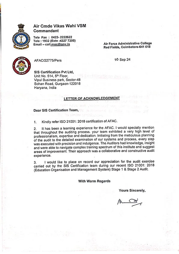 Appreciation letter - AirForce Administrative College 5