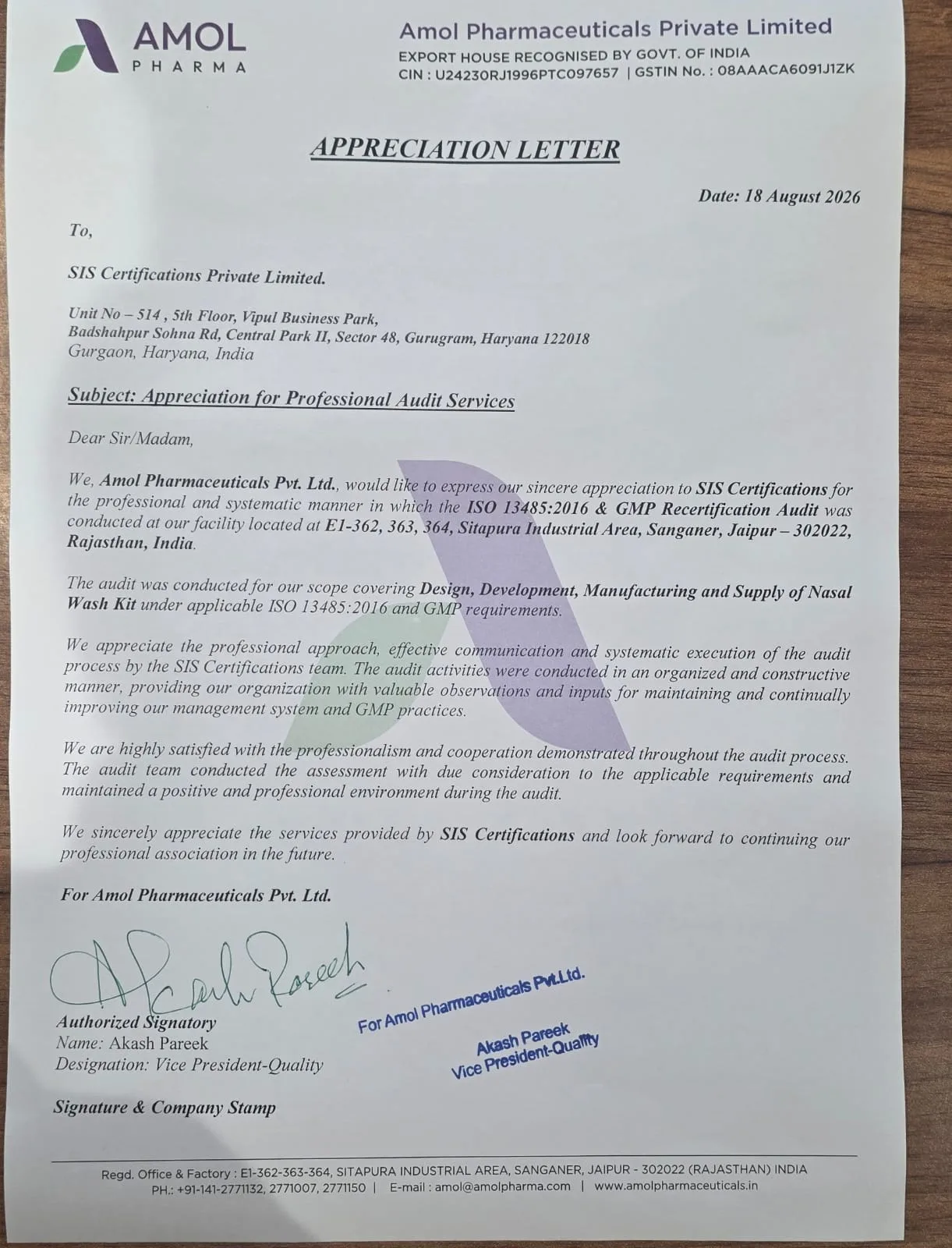 Appreciation letter - Amol Pharmaceuticals Pvt Ltd