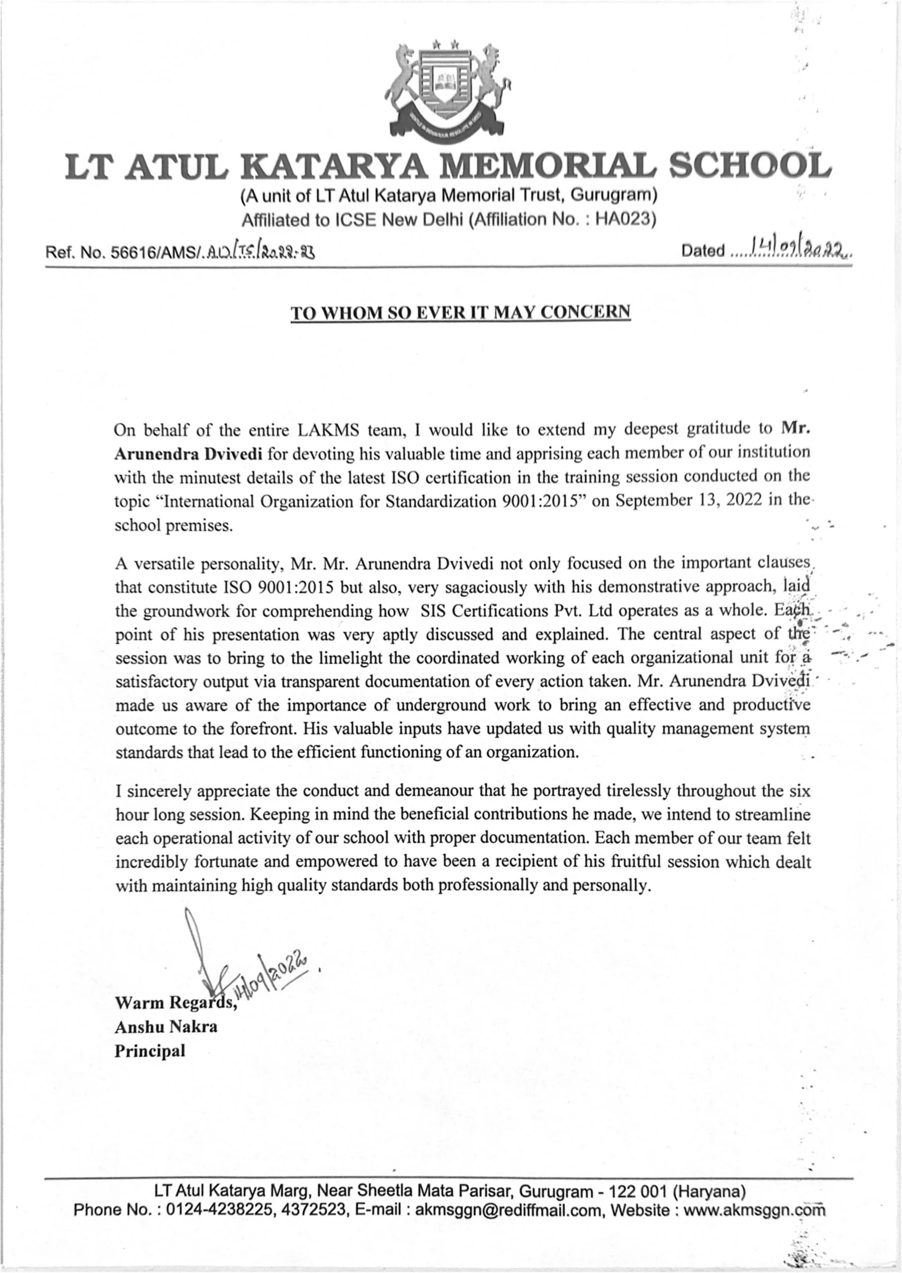 Appreciation letter - LT Atul Katarya School