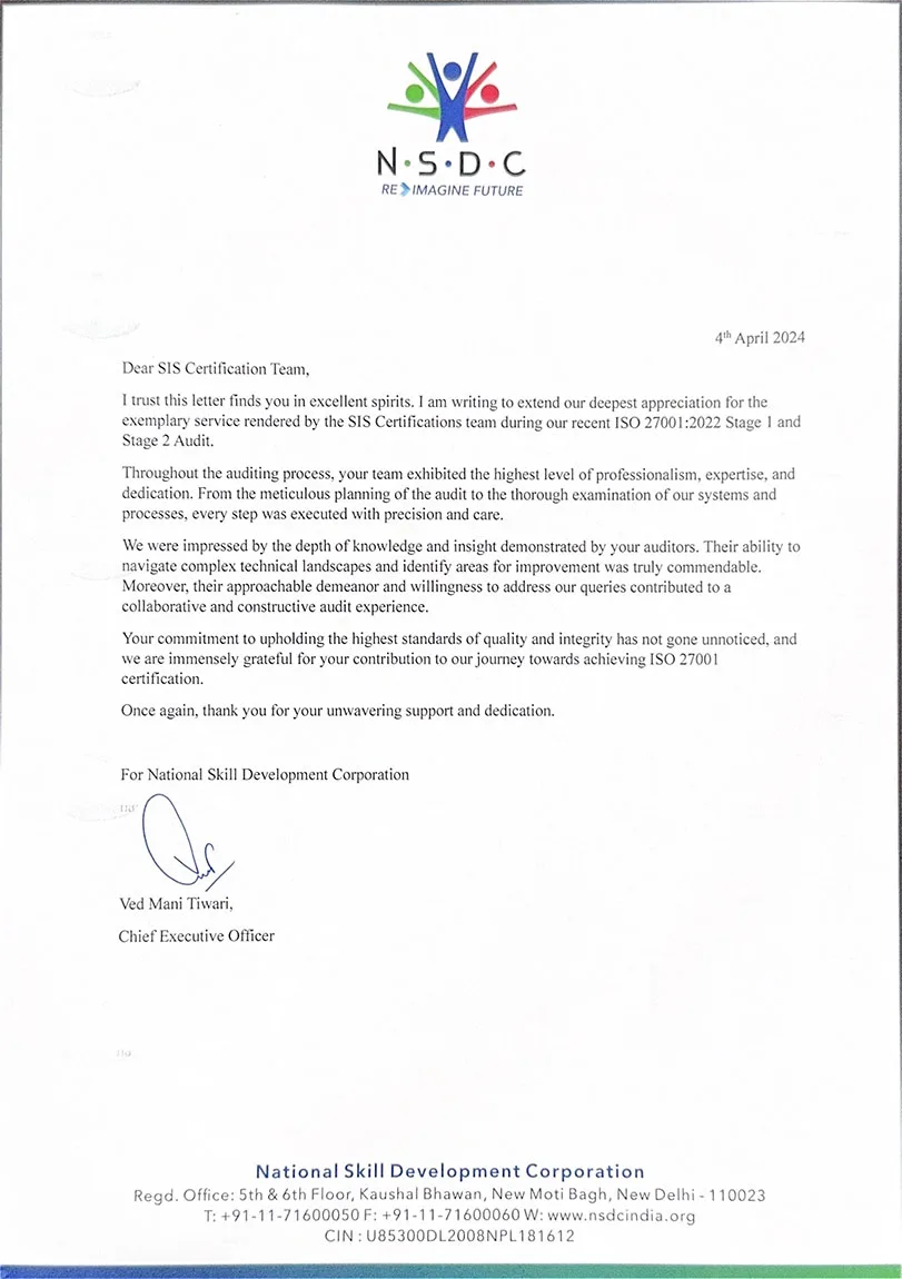 Appreciation letter - NSDC 2