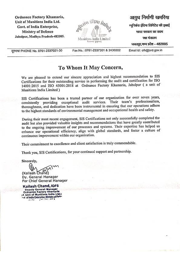 Appreciation letter - Ordinance Factory 4