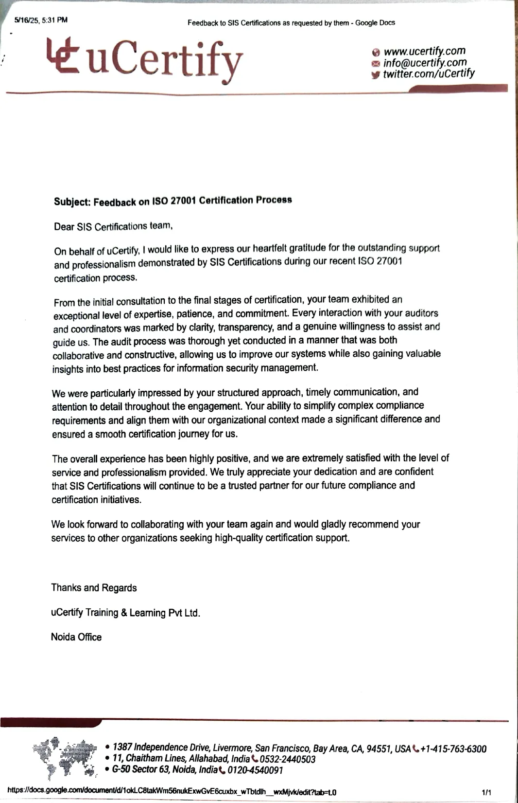 Appreciation letter - UCertify
