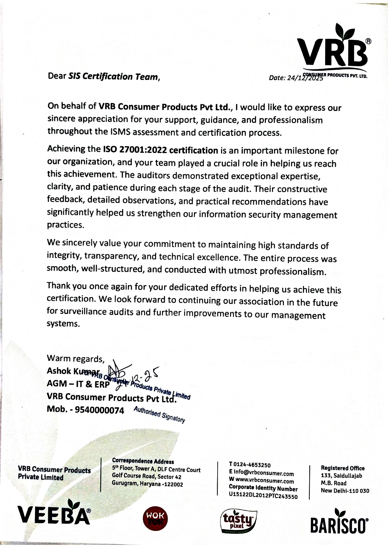 VRB Appreciation Letter
