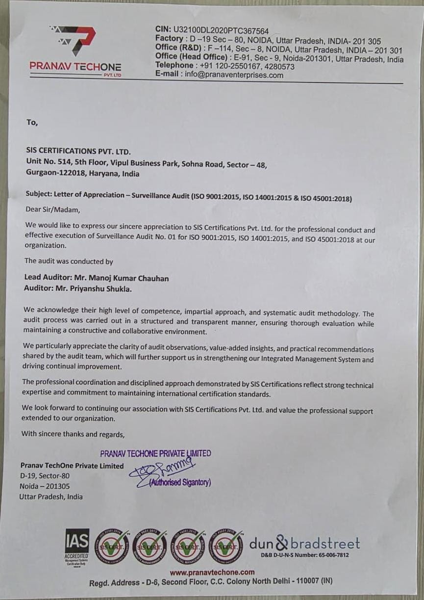 pranav techone appreciation letter