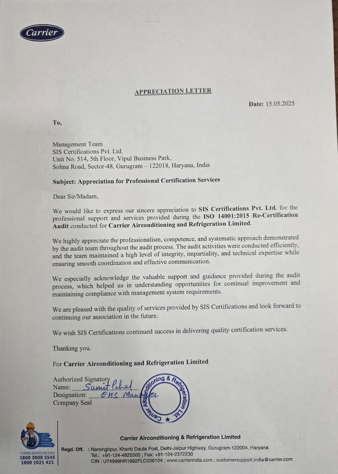 Appreciation letter carrier airconditioning & ref ltd