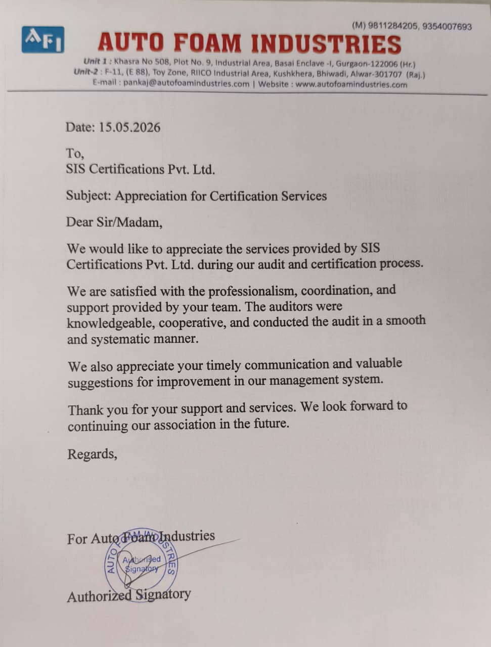 Autofoam industries appreciation letter